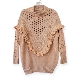 Galeria Tricot Cable Open Knit Ruffle Trim Sweater Tunic (R1)